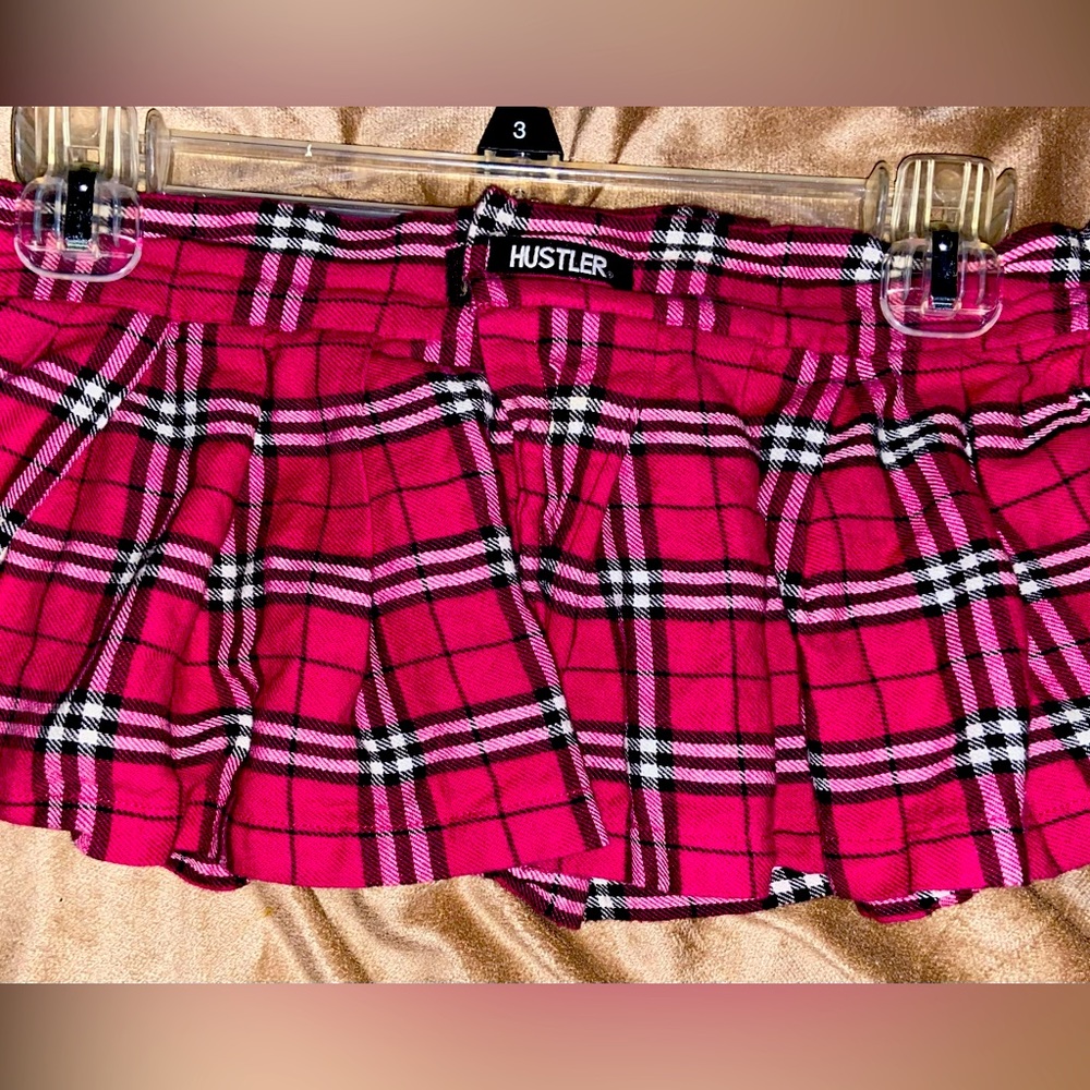 Hot pink, white and black plaid schoolgirl Hustler lingerie mini skirt in GUC